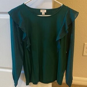 J Crew Factory green long sleeve ruffle crew neck top S